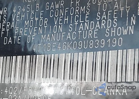 2009 Toyota Camry Le z USA, uszkodzony, nr VIN 4T1BE46K09U839190